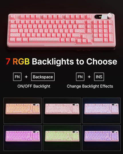 V102 Wired Keyboard, 98 Keys Creamy Gaming Keyboard with Number Pad, Display Screen & Media Knob RGB Silent Wired Cute Computer Keyboard for Laptop PC Gamer - Light Pink