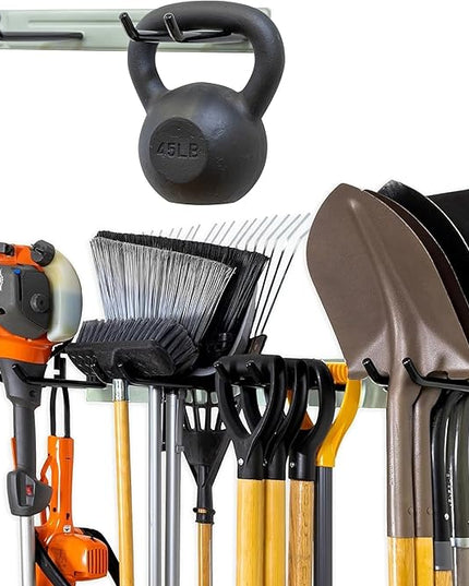 StoreYourBoard Wall-Mounted Rack With 4 Garage Hooks – Heavy-Duty Steel Holder Garage & Garden Storage for Shed, Workshop, or Home Organization – For Rakes, Shovels, Tools & More – 1 Pack, Cactus