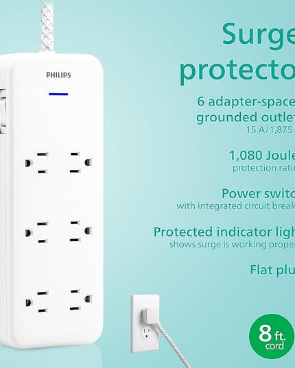 Philips 6-Outlet Surge Protector with Multiple Outlets, 8 Ft, Braided Cord,1080 Joules, Adapter-Spaced, White, SPC6066WB/37