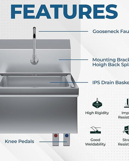 Stainless Steel Wall Mount Hand Sink with Gooseneck Faucet, Knee Pedals & Side Splash | 17" x 15" Commercial Basin for Kitchen or Janitorial Use, NSF (17" x 15" with Knee Pedals)