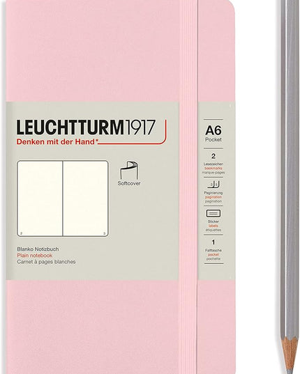 LEUCHTTURM1917 - Notebook Softcover Pocket A6-123 Numbered Pages for Writing and Journaling (Plain, Powder)
