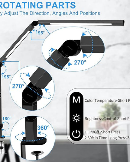 LED Desk Lamp with Clamp, Architect Desk Lamp with Dual Light and Adjustable Swing Arm, Clip-on Eye-Care 4 CCT Modes & 5 Brightness Levels Table Light Modern Computer Lighting for Home Office