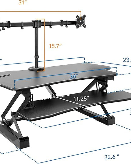 Mount-It! Electric Standing Desk Converter with Dual Monitor Arm, Stand Up Desk Riser X-Large 47.2" Wide, Electric Desk Riser with Mount for 2 Screens (Max 32"), Desktop with Keyboard Tray, USB, Black