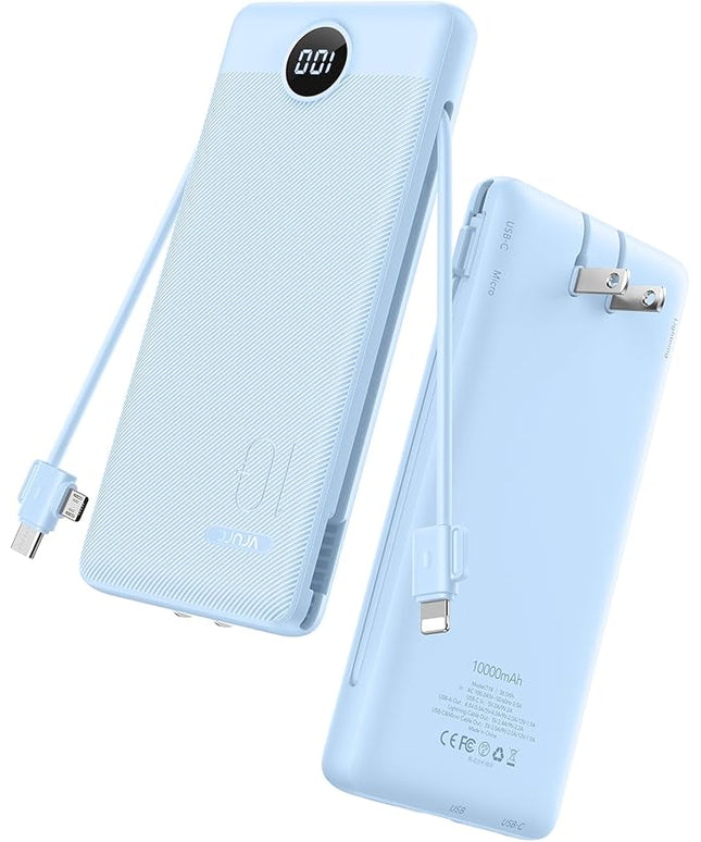 VRURC Portable Charger with Wall Plug and Cables, 10000mAh Power Bank with 22.5W Fast Charging USB Port,4 Outputs Dual Inputs Slim Compact Rechargeable Battery Pack Travel Accessories-Blue(1 Pack)