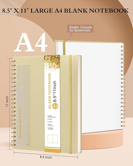 Blank Spiral Notebook Journal 8.5” x 11”, A4 Large Sketch Book for Women Men, 100 GSM Blank Paper Drawing Notebook, Plastic Hardcover Spiral Bound Sketchbook for Sketching Work School Writing, Yellow