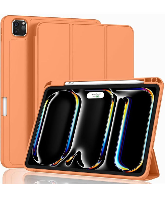 ZryXal iPad Pro 11 Inch Case (M5) 2025/ (M4) 2024 (Model: A2836/A2837/A3006), Trifold Stand Smart Cover with Pencil Holder and Soft TPU Back, Auto Wake/Sleep (Orange)