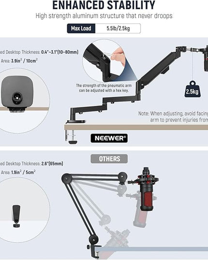 Neewer Low Profile Mic Arm Desk Mount, 360° Swivel Boom Arm with Pneumatic Damping Adjustable, Cable Management, Compatible with Shure MV7 SM7B Blue Yeti Gaming Streaming Podcast Microphone, MS002