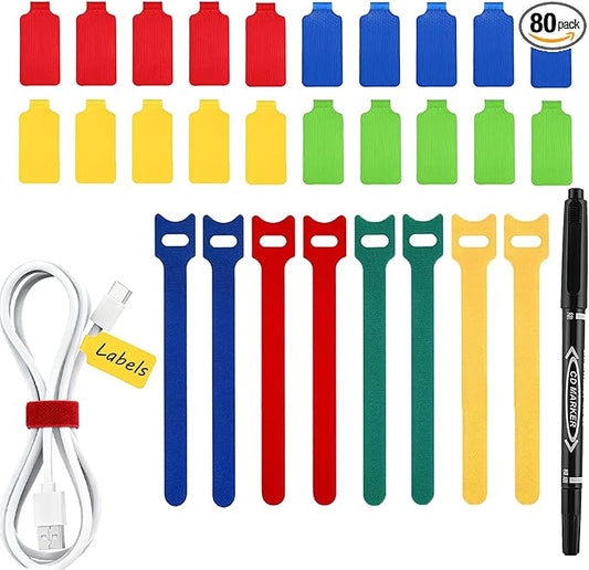 80 Pack Reusable Cable Labels & Cord Organizer Kit - 40 Color-Coded Write-On Wire Tags with Dual-Tip Marker + 40 Ties for Home Office Electronics Management, Cable Tags, Cord Labels, Wire Label