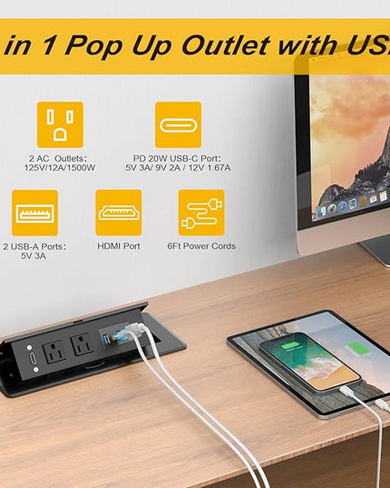 Recessed Power Strip, HDMI Pop Up Power Cover Box Desktop Socket with PD 20W USB C Charging Ports, Stainless Steel Receptacle Outlet for Conference Room Countertop (Black)