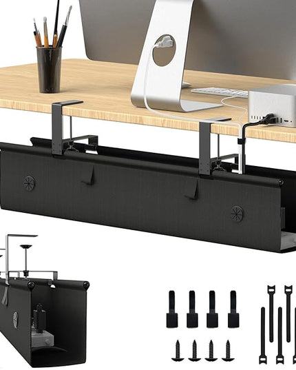 Under Desk Cable Management Tray, 30-inch No-Drill Cord Organizer with Anti-Sag Reinforced Base, Fabric Wire Management Hider for Standing Desk, Office & Gaming Accessories - Black