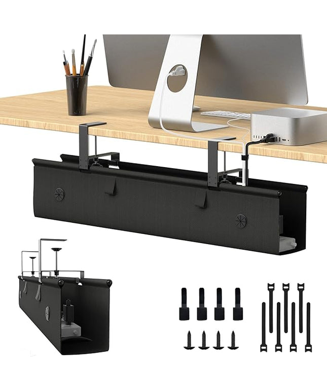 Under Desk Cable Management Tray, 30-inch No-Drill Cord Organizer with Anti-Sag Reinforced Base, Fabric Wire Management Hider for Standing Desk, Office & Gaming Accessories - Black