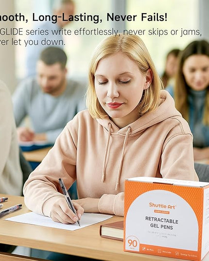 Shuttle Art Black Gel Pens, Ink Glide Series 90 Pack Retractable 0.5mm Fine Point Rollerball Gel Ink Pens Bulk Set Quick Drying Smooth Writing with Grip for Journaling Note Taking Office School Home