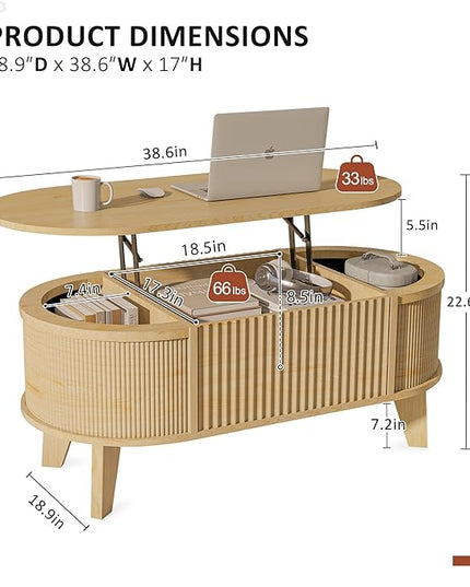 LYNCOHOME Fluted Lift Top Coffee Table with Storage,Modern Oval Coffee Table for Living Room Or Home Office（Natural）