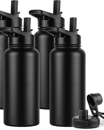 DOMICARE 32 oz Insulated Water Bottle Bulk, Vacuum Insulated Stainless Steel Sports Water Bottle with Straw Lid & Spout Lid, Leakproof, Reusable - Travel, Camping, Bike, Black (4 Pack)