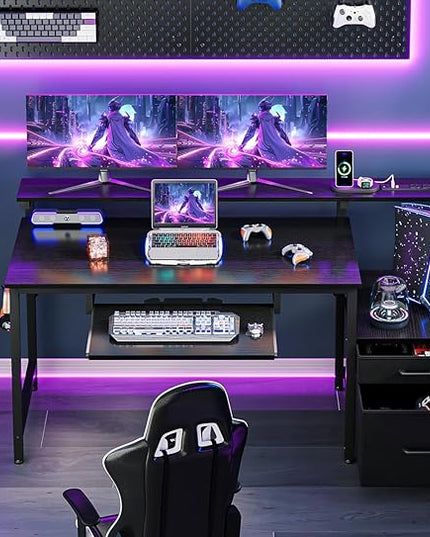 AODK Computer Desk with Drawers, 55" Office Desk with Keyboard Tray and Power Outlet, Reversible Study Work Desk with Printer Space and File Drawers Cabinet for Home Office, Black