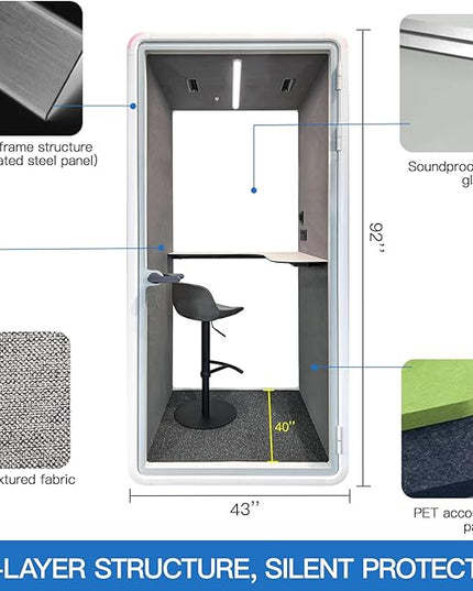 Soundproof Office Pod Booth, Quiet Meeting Pod with Acoustic Panels, Portable Modular Pod, Privacy Booth for Private Phone Calling, Single Person Workspace with Sound Isolation H92in W43in D40in