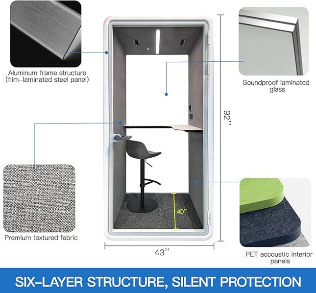 Quiet Meeting Pod with Acoustic Panels, Office Soundproof Room with Furniture, Portable Removable Working Booth for Private Phone Calling, Study, Individual Seater Personal Office H92in W43in D40in