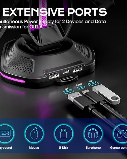 Saitake RGB Controller Holder with 9 Light Modes,Controller Stand with 2 USB Ports,Headset Stand for Desk-Headphone Holder Suitable for All Headphones and Controllers