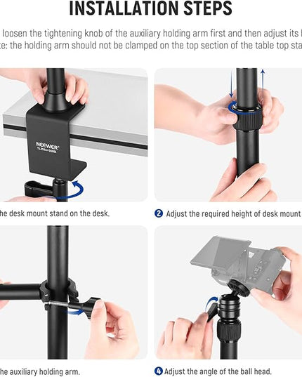 NEEWER Desk Stand with 2 Telescopic Boom Arms Phone Holder for Mic Camera Webcam Ring Light, Desktop Overhead Microphone Mount with C Clamp, Ball Heads, Screw Adapter, Cleaning Cloth, TL253A+DS001