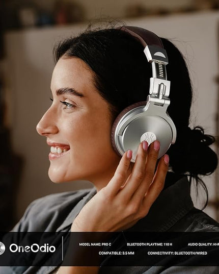 OneOdio Bluetooth Over Ear Headphones, 110 Hrs Wireless/Wired Stereo Sound Foldable Headsets with Deep Bass 50mm Neodymium Drivers for PC/Phone/Tablet - Studio Wireless Pro C, Silver