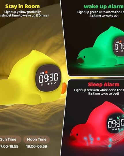 Laying Duck Alarm Clock with Night Light for Kids with Sleep Training and Sound Machine, Rechargeable Silicone Lamp OK to Wake Clock，Cute Animal Tabletop Lamp, Perfect Sleep Companion for Boys Girls