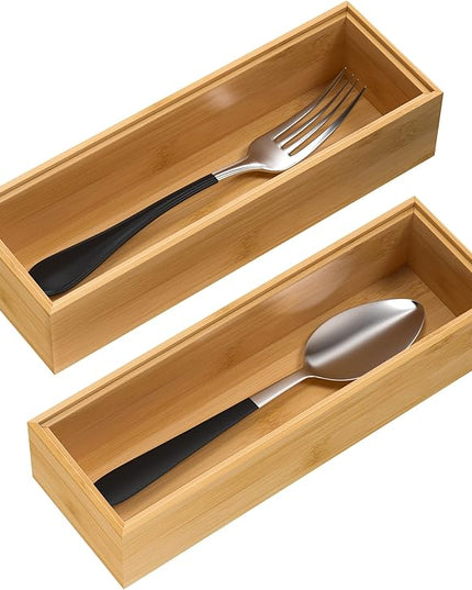 Silverware Tray for Drawer, Stackable Kitchen Bamboo Drawer Organizer 9" x 3" x 2" Set of 2