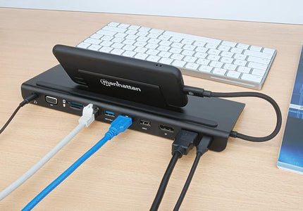 Manhattan USB-C 11 in 1 Docking Station -for 3 Display Monitors, Connect & Charge Devices-USB C to 4K HDMI/DP, 1080p VGA & 3 USB, 100W PD, Ethernet, SD Card Reader, 3.5 mm Aux –3 Yr Mfg Warranty