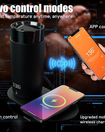 LEGARDLILIU Temperature Control Heated Coffee Mug Smart Self Heating Travel Mug 12 Oz App Controlled Warmer Mug 4-10 Hour LED Display Keep Coffee Hot Fast Wireless Charger Base Iron Black