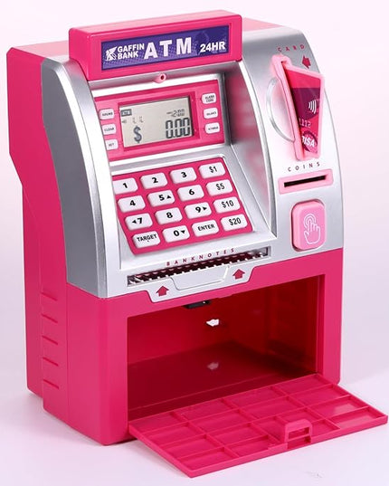 ATM Piggy Bank with Card and Password, Electronic Savings Bank Machine for Real Money, Mini ATM Coin and Cash Deposit Box with Target Setting, Clock and Sound – Pink Dollar Edition