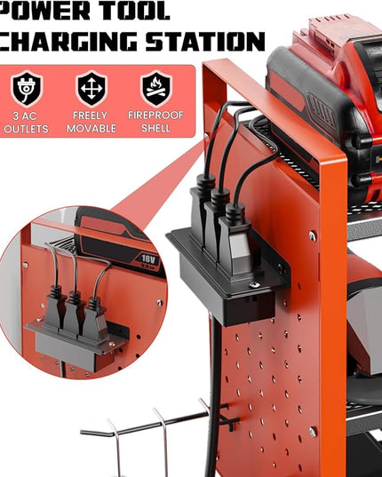 Heavy-Duty 48" Wall Mount Power Tool Organizer with Charging Station – 3-Tier Garage Organization Rack for Drills, Wrenches & Tools – Includes 16 Hooks & Pegboard Sides