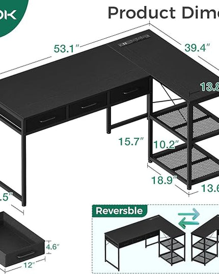 AODK 53 Inch L Shaped Computer Desk with Drawers, Corner Desk with Power Outlets & Reversible Storage Shelves, for Home Office Gaming, Black
