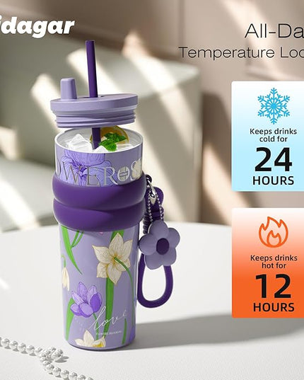 24 oz Stainless Steel Tumbler with Lid and Straw, Insulated Coffee Mug, Leak Proof, Portable Iced Travel Water Bottle, Reusable Thermal Coffee Cup, Floral Purple