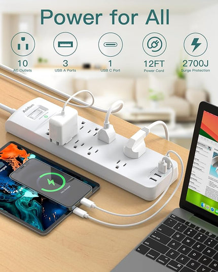12FT Long Power Strip Surge Protector, Addtam Surge Protector with 10 Outlets and 4 USB Ports, Extension Cord with Flat Plug, 2700 Joules, White