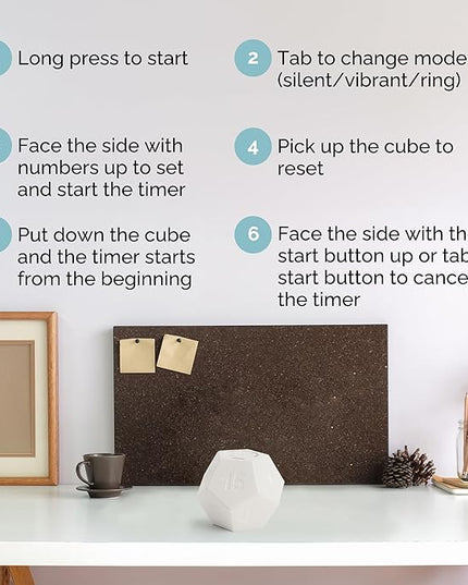 KADAMS Pomodoro Cube Timer Productivity-11 Preset Countdowns, Flip-to-Start Gravity Activation - Sound Vibrate Mute Rechargeable - Ideal for ADHD Kid Kitchen Classroom Cook Study Exercise - White