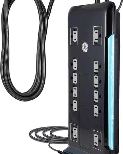 GE UltraPro 12 Outlet Surge Protector, Tethered 2 USB Ports, 8 Ft Power Cord, 4320 Joules, Flat Plug, Power Filter, Circuit Breaker, Warranty, UL Listed, Black, 11824