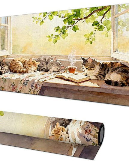 Cat XL Mouse Pad 31.5 x 11.8 Inch Gaming Mousepad Diatomite Large Keyboard Mouse Pad for Home and Office Desk Accessories with Peaceful Sunlit Window Cats Illustration