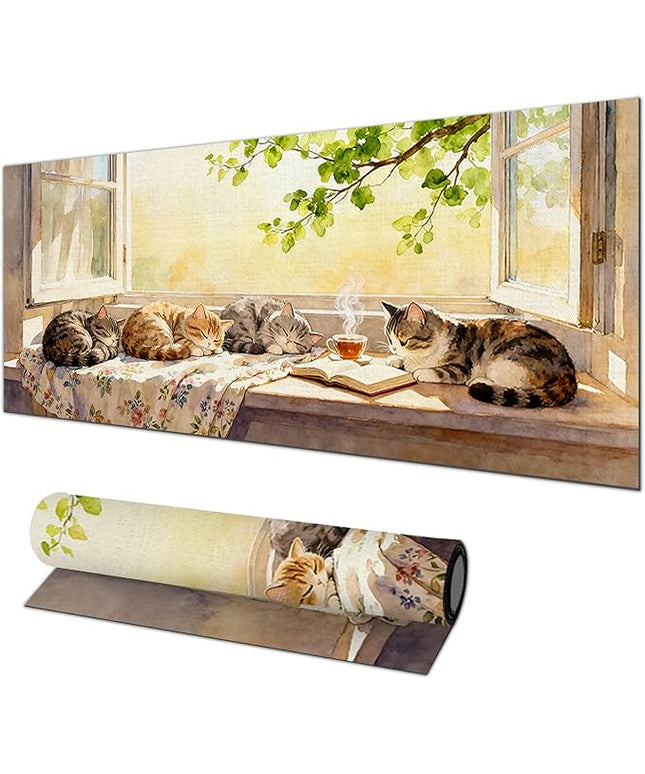 Cat XL Mouse Pad 31.5 x 11.8 Inch Gaming Mousepad Diatomite Large Keyboard Mouse Pad for Home and Office Desk Accessories with Peaceful Sunlit Window Cats Illustration
