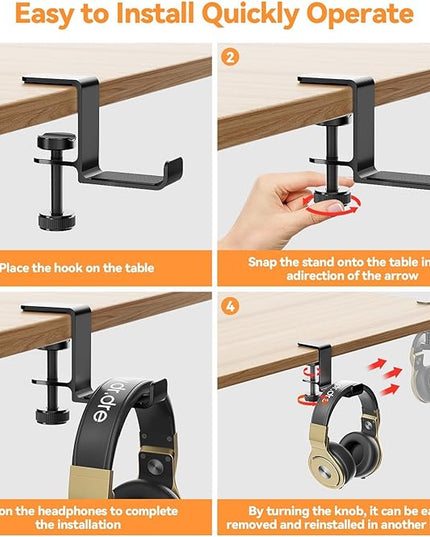 Yocice Headphone Hanger Holder Stand-Under Desk Headphone Hanger， Headset Hook Holder Space-Saving Aluminum Stand with Universal Fit for Gaming PC Accessories (Black-1PCS)