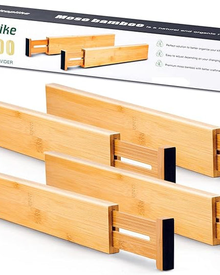 Utoplike 4 pcs Bamboo Kitchen Drawer Dividers Large, Adjustable Drawer Organizers, Spring Loaded, Works in Kitchen, Dresser, Bathroom, Bedroom, Drawer, Desk