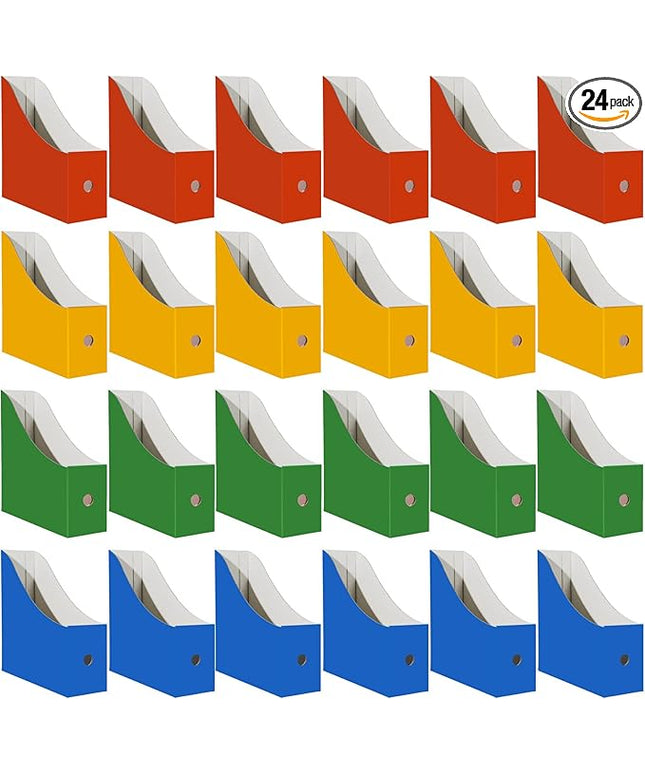 Limitliho Cardboard Magazine Holder (24 Pack), Sturdy Book Bins for Classroom, Vertical File Folder Organizer, 10.6'' 10.2'' 3.5'' Inch Magazine Rack (Multi-Color, 24 Pack)