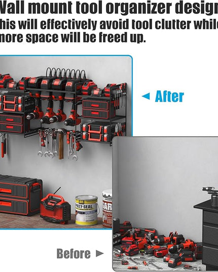 CCCEI Black Power Tool Organizer Wall Mount, Large Tools and Battery Storage Rack Charging Station Individual Switches. Drills Holder, Garage Utility Shelves with 6FT Power Strip. Gift for Men.