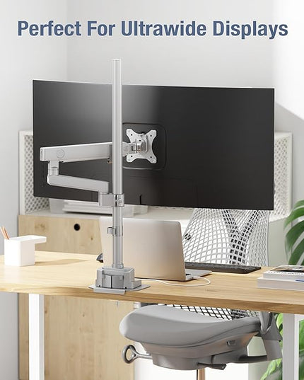 AVLT Single 40 Inch Monitor Arm Pole Top Mount with USB-C USB-A Ports-Gray, Supports 26.4 lbs (12kg), Ultrawide Screen fit, VESA Compatible, Tilt, Swivel, Rotate, Ergonomic Adjustable Height, Durable