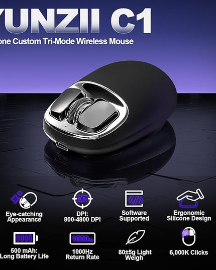 YUNZll C1 Silicone Wireless Mouse, Tri-Mode 2.4G/USB-C/Bluetooth Mouse, 4800 DPl Optical Tracking, 6 Adjustment Levels,Customize Mice for Laptop, Computer, iPad, MacBook (Black Silver)