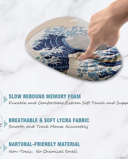 Ergonomic Mouse Pad Wrist Rest, Japanese Sea Wave Mouse Pad with Wrist Support, Memory Foam Massage Design & Non-Slip PU Base MousePads for Pain Relief, Desk, Office, Home, Kanagawa Wave