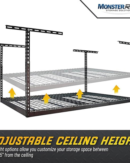 MonsterRax Overhead Garage Storage Racks 4x6, Ceiling Mounted Shelving, Adjustable Hanging Storage Organizer, Heavy Duty Steel, Holds 500 Pounds, Color: Hammertone, Adjusts 12"-21” off Ceiling