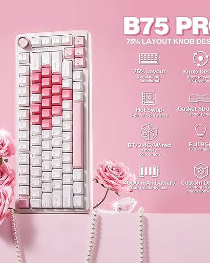 YUNZII B75 PRO Wireless Mechanical Keyboard,75% Layout with Knob,Hot Swap Gasket Structure,Creamy Pre-lubed Switches,RGB Backlit,Bluetooth/Type-C/2.4G for Win/Mac (White, Cocoa Cream V2 Switch)