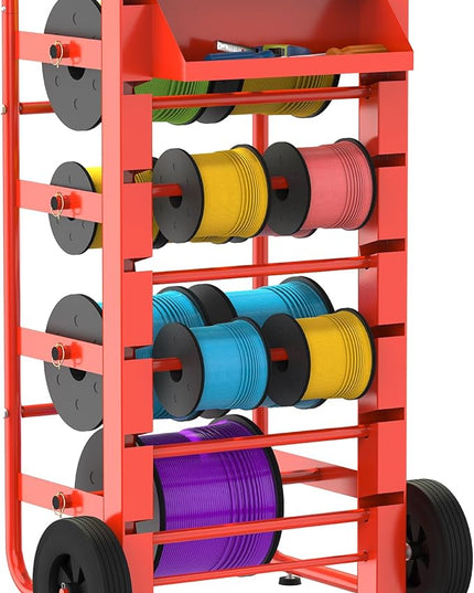 Tredre Red Wire Spool Rack with Wheels, Heavy Duty Cable Holder with 11 Rods – Mobile Multi-Spool Wire Rack Dispenser with Wheels and Storage Box for Efficient Workplace Cable Management