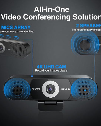 EMEET C980 PRO 3-in-1 4K Webcam with Microphone and Speaker, 60°-98° Wide Angle Webcam w/ 4 Noise Cancel Mics, 2 Speakers, Fixed Focus, Magnetic Privacy Cover, Great for Group and Personal Video Calls