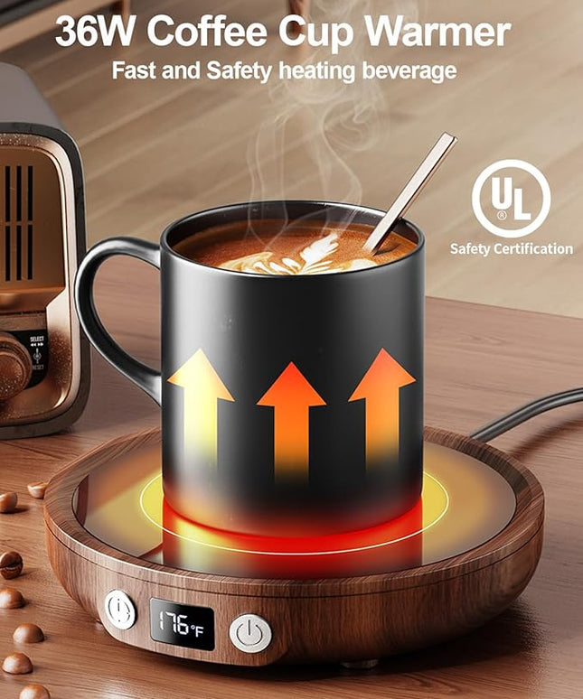 SWEETFULL Mug Warmer - Upgraded 36W Coffee Cup Warmer for Desk with 130℉-176℉ Digital Display, 2-12H Timer Auto Shut Off, Smart Electric Coffee Heating Plate, Ideal Gifts for Women Men - Wood