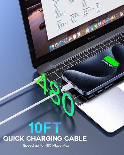 USB C to USB C,240W USBC Cable 10FT Long Type C to C Cable Fast Charging for Macbook Pro/Macbook Air,iPad Pro 12.9inch,iPhone 16 15 Pro Max Plus,Samsung Galaxy S23,Compatible 140W/100W/65W/45W/35W/20W